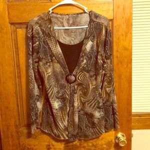 Open buckled black brown tan patterned blouse